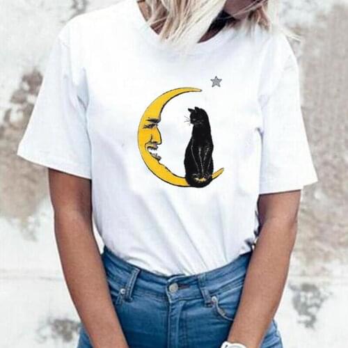 Funny Carry Moons Face with Black Cat Women T-shirt Summer Fashion Short Sleeve Shirt Tee Shirt Femme Casual T Shirt Women Tops