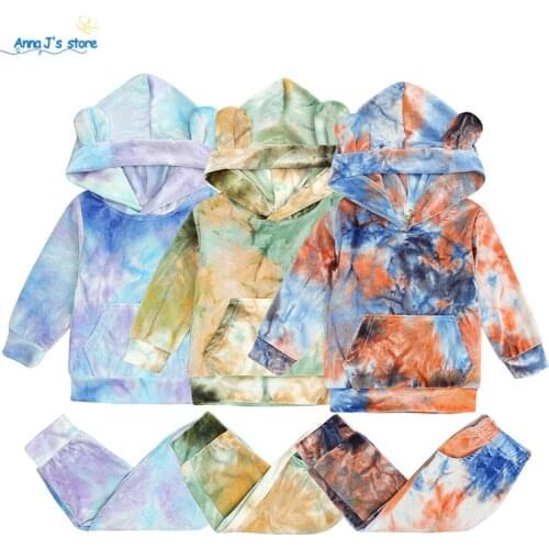 2Pcs Fall Newborn Tie-dye Print Clothes Set Outfits Toddler Kids Boys Girl Long Sleeve Velvet Front Pocket Hoodies+Pants Costume