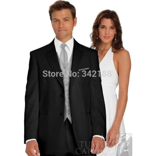 Best sale Two Buttons Groom Tuxedos Black Best man Notch Satin Lapel Groomsman Men Wedding Suits Bridegroom(Jacket+Pants+Vest)we