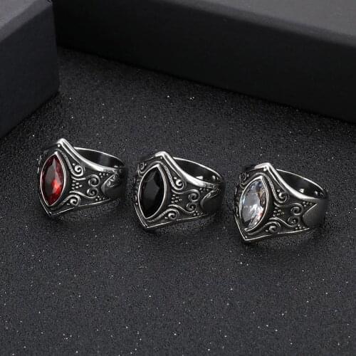 Vintage Jewelry Stainless Steel Red Stone Carved Mens Ring Personality Fashion Ring
