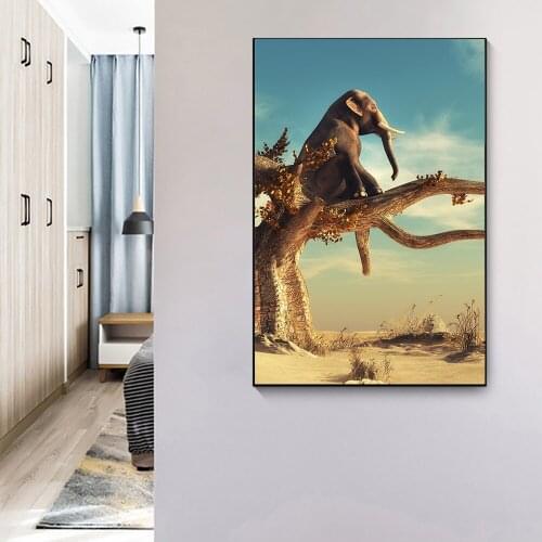 Lonely Landscape with Elephant Sitting on A Tree Canvas Painting Wall Art Nordic Posters and Prints Wall for Living Room Decor