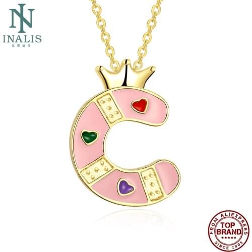 INALIS Pink Letters Series Necklace For Women Trendy Gold Plated Pendent Jewelry Cute Crown Letter C Shape Necklace Girl Gift