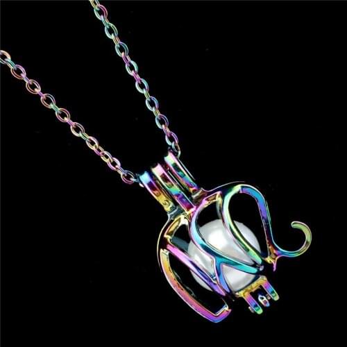 R-C102 Rainbow Colors Elephant Beads Cage Pendant Essential Oil Diffuser Aromatherapy Pearl Cage Locket Necklace
