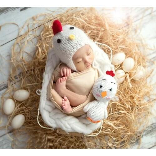 Newborn Baby Photography Props Cartoon Hat+chicken Doll Crochet Knit Fotografia Accessory Infant Studio Shoot Photo Shower Gift