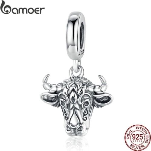 Bamoer Vintage Bull Pendant Charm Original Sterling Silver 925 Engraved Tauren Charms fit Bracelet or Necklace Jewelry SCC1316