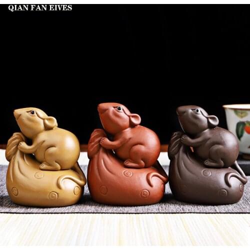Purple sand fortune mouse decoration statue，Modern art sculpture，Tea Set Decoration，Cute little animal home decoration figurines