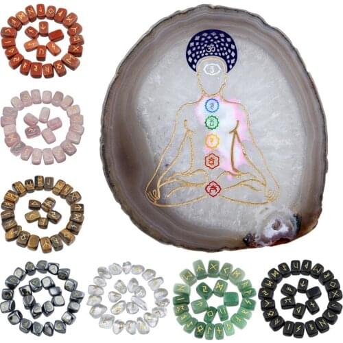 TUMBEELLUWA 7 Chakra Agate Slices Geode Cup Mat Beverage Coasters & 1Lot Rune Stones Set Reiki Engraved Lettering Wicca Crystals