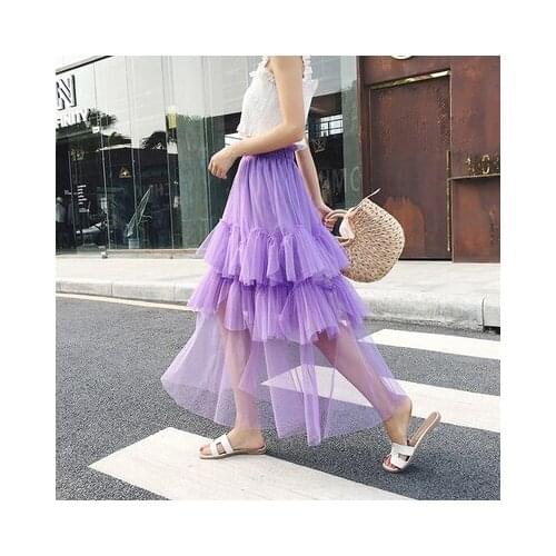2019 Summer Casual Mesh Skirts Women Long White Ruffles High Waist A-line Skirts Youthful