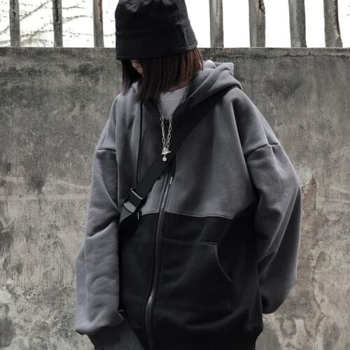 Gothic Harajuku Zip Up Hoodies Women Vintage Patchwork Oversize 2021The New Warm Korean Zipper Hoody Pockets Fleece Couples top