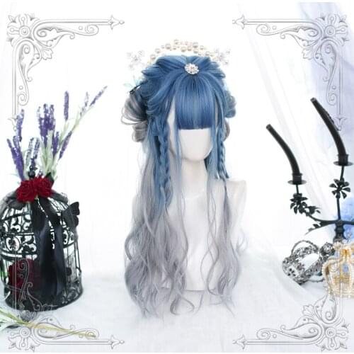 Female Long Wavy Blue Gray Gradual Change Bangs Wig Women Curly Wigs Lolita Cosplay Party