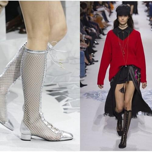 Summer Sexy Black Silver Suede Mesh Boots Women Square Toe Hollow Cross Lace-up Low Heel Long Boots Lady Fashion Knee Boots