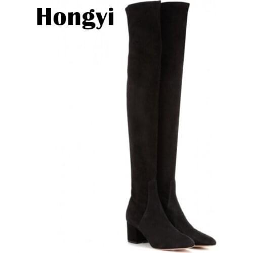 Quare Heeled Spring Winter Over The Knee Fashion Boots Women High Quality Comfortable Low Heeled Shoes Black Red Grey Beige