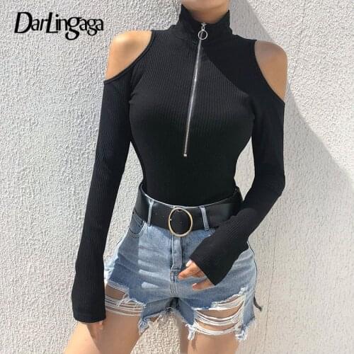 Darlingaga Fashion cold shoulder bodysuit body women high neck zipper bodycon jumpsuit autumn 2020 bodysuits shirt sexy catsuit
