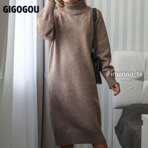 GIGOGOU Oversized Women Long knit Straight Dress Thick Warm Cashmere Turtleneck Sweater Dress Baggy Tunic Midi Dresses 2021