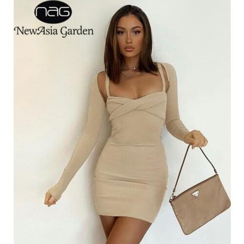 NewAsia Ribbed Knit Dress Sets Long Sleeve Crop Top Bodycon Mini Dress Set Fall 2021 Womens Fashion Sexy Cut out Two Piece Set