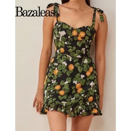 2021 Adjust Spaghetti Straps Vestidos Lemon Print Green Women Dress Vintage Chiffon Mini Dresses Sexy