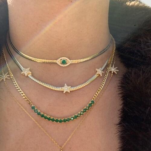 Gold Color Classic Trendy Women Jewelry 4MM Plain Herringbone Snake Chain Micro Pave CZ Green Evil Eye Charm Choker Necklace