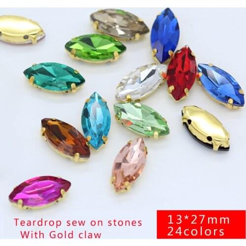 12p 13x27mm Navette color sew on crystal stone glass diamante rhinestones gold setting Gems jewelry for dress garment Crafts DIY