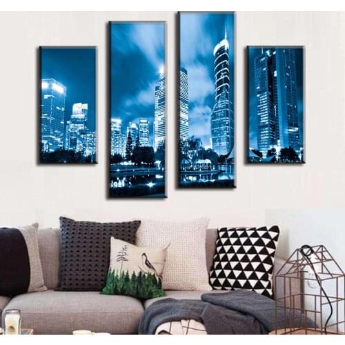 4 Pcs Unframed Canvas Painting Landscape Art Print Picture Blue Night Of City Home Decor Unframed Free Shipping