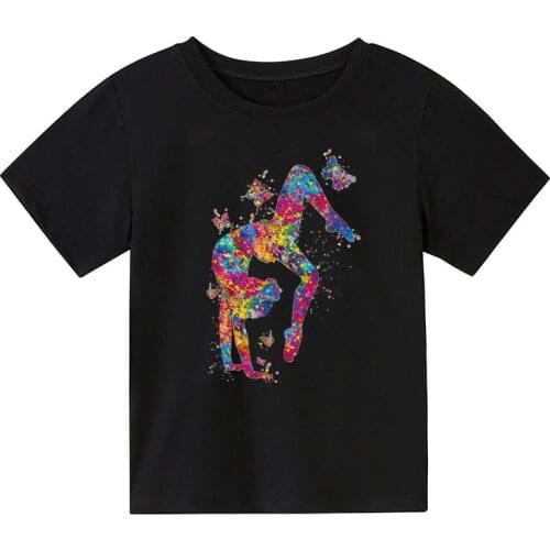 Watercolor Gymnastic Girl Print Childrens T-Shirts Kids Black Tshirt GYM Excercise Sport Lover Birthday Gift Custom T Shirt Top