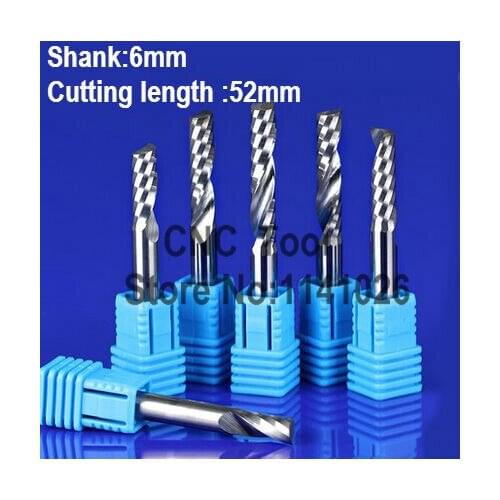 Free Shipping 1pcs 6mm*52mm, machine CNC solid tungsten carbide end mills,wood-cutter,1spiral flute end mills,PVC,MDF,acrylic