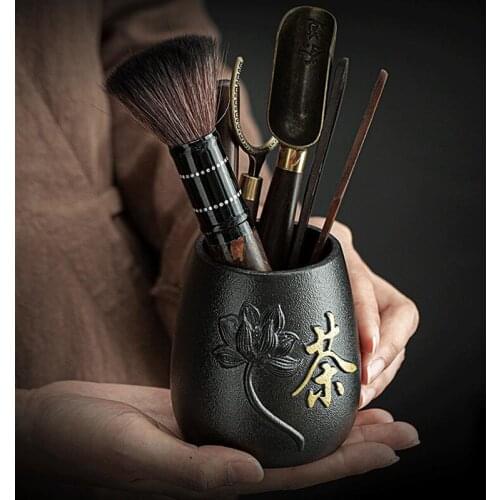 Black Pottery Six Gentlemen Kungfu Tea Accessories Ebony Solid Wood Tea Ceremony Tea Making Tool Tea Clip Needle Spoon
