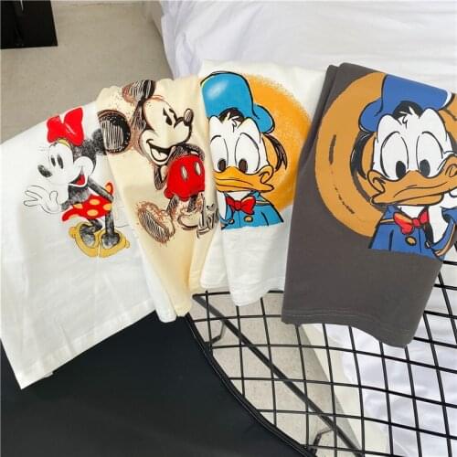 Kids White Mickey T-shirt Disney Clothing For Boy Grey Tee Top Cute Donald Duck Short-Sleeves tshirt Summer Girl Beige Tee