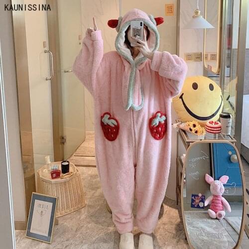 Flannel Onesies Women Cartoon One Piece Pajamas Zipper Coral Fleece Winter Warm Thick Christmas Onesie For Adults Homewear Suits