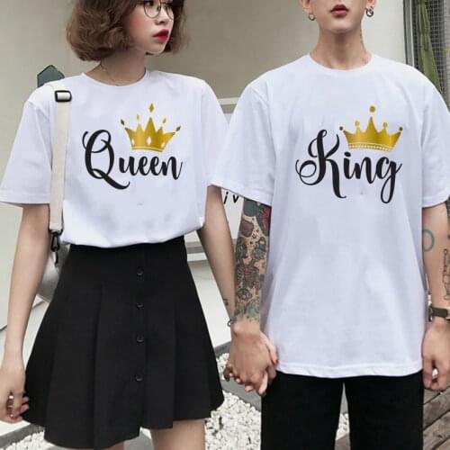 New King Queen Crown Printing Couples Tee Shirt Harajuku Womens T-shirt Couple Clothes Summer Women Man Tops