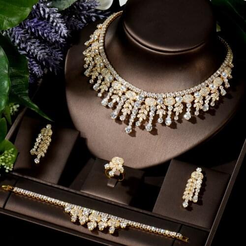 HIBRIDE Elegant Water Drop Women Wedding Naija Bridal Cubic Zirconia Necklace Earring Set Dubai Dress Jewelry Set N-1517