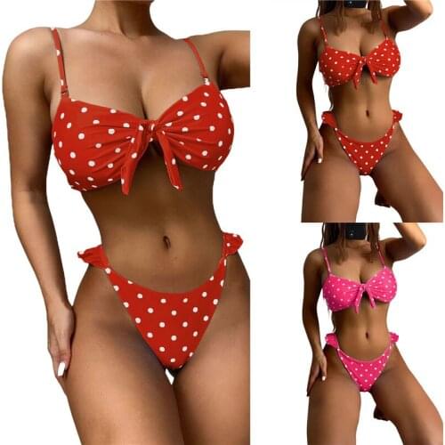 Two Piece Polka Dot Swimwear Women Summer Bikini Sets Bowknot Padded Tops Ruffled Briefs Bathing Swimsuit for Girls