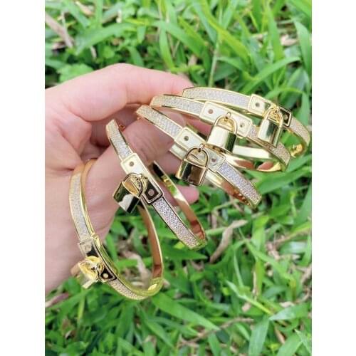 Trendy Padlock Zircon Bangles For Women Girls Gold Color Metal Bracelets Best Couple Jewelry Gift