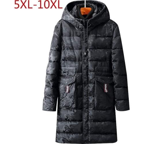 Large Size 5XL-10XL Mens Winter Hooded Camouflage Jackets Thick Warm Inner Pockets Parkas Simple Hem Practical Long Style Coats