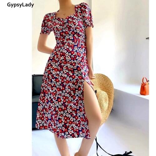 GypsyLady Floral Printed Midi Dress Linen Boho Casual Chic Summer Dresses Women Short Sleeve Split Holiday Female Ladies Dress