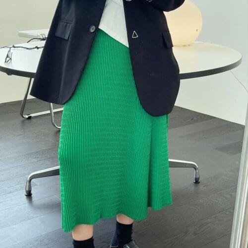 Pleated Midi Skirt Wave Texture Design Simple Commuter Knit Skirt Black/Green Elastic High Waist Long Skirt
