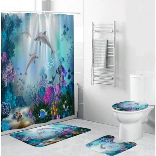 Underwater World View Shower Curtain For Children 4 Pieces Bathroom Decor Accessories Carpet Cover Toilet Cover Mat 7 Patterns