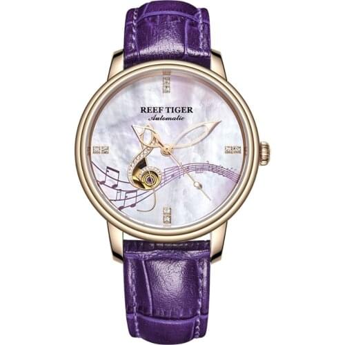 Reef Tiger/RT Luxury Brand Purple Strap Watch for Women Diamond Shell Dial Watch Waterproof Automatic Female Watch RGA1582