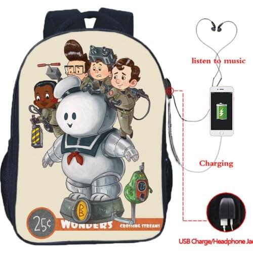 Mochila New Men Women Funny Ghostbusters USB Backpack Laptop Teen Bookbag Cartoon School Bag Boy Girl USB Charge Travel Bag Gift