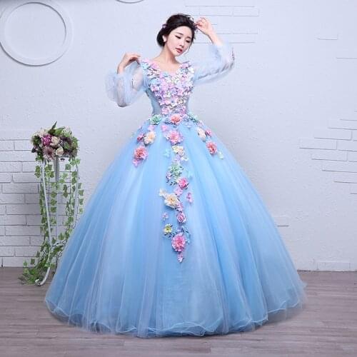 Long Sleeve Quinceanera Dress V-neck Party Prom Dress Ball Gown Vintage Lace Floral Print Quinceanera Gown Plus Size Vestidos