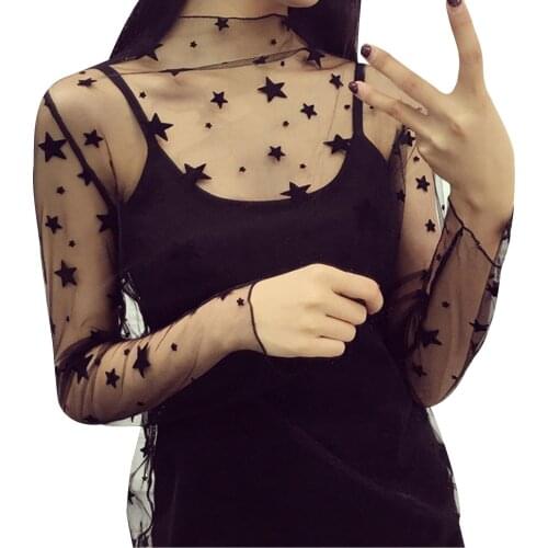 Sexy Women Mesh Blouses See-Through Perspective Printed Transparent Long Sleeve Turtleneck Tops Women New Arrival Blouse