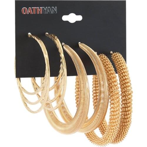 3 Pairs/set Fashion Golden Big Circle Hoop Earrings For Women Punk Statement Metal Oversize Gold Round Earring Set Jewelry