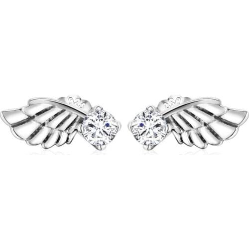 925 Sterling Silver Pan Earring Sparkling Angel Wing Stud Earrings For Women Wedding Party Gift Fashion Jewelry