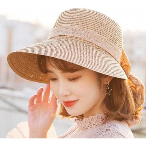 Fashion Lady Bowknot Beach Sand Sun Shade Straw Hat Spring Summer Outdoor Women Elegant Wide Brim Foldable Sun Caps