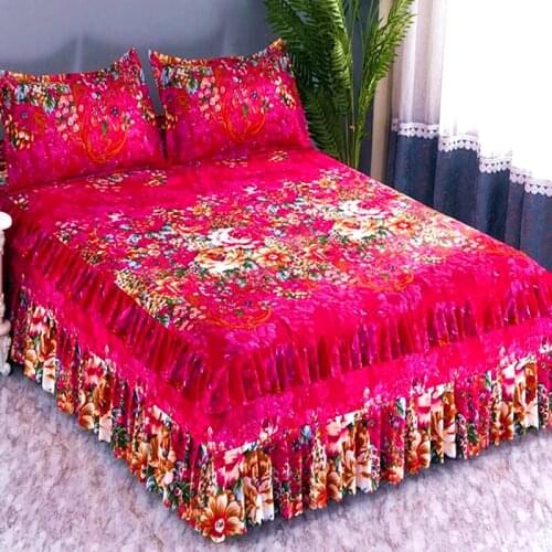 Three-layer Lace Thickening Soft Bed Skirt Spring Cotton Bed Cover Skirt King Queen Pad Bedspread With Pillowcase 2 Pcs