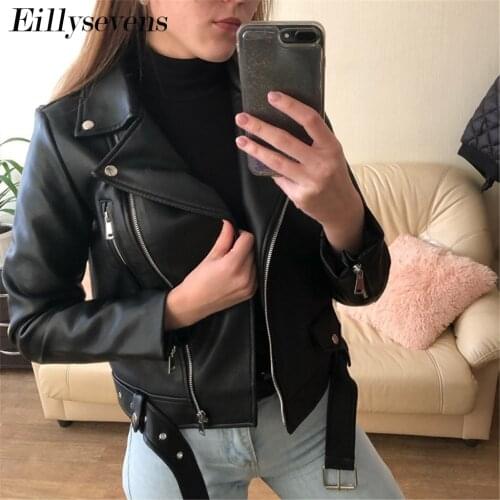 Punk Tunic New Women Autumn Winter Black Faux Leather Jackets Zipper Basic Coat Turn-down Collar Motor Biker Jacket With Belt