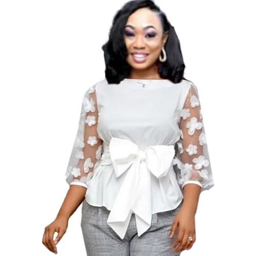 Spring and summer plus size 4XL ladies shirt office mesh chiffon shirt casual slim seven-point sleeve sweet round neck shirt