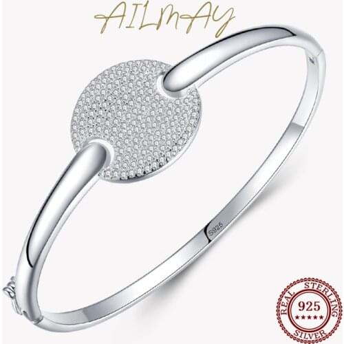 Ailmay Real 925 Sterling Silver Geometric Design Round Clear Zircon Fashion Bracelets For Women Girls Party Accessories Jewelry