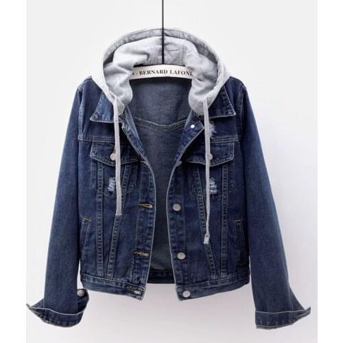 Hooded Denim Coat for Womrn Pocket Blue Long-sleeved Women Loose Street Wear Hole Jackets Outwear Coat Tops