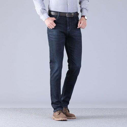 2019 Mens Straight High Quality Denim Jeans Navy Blue Solid Long Jeans New Fashion Male Classic Style Denim Jeans SIZE 30-44