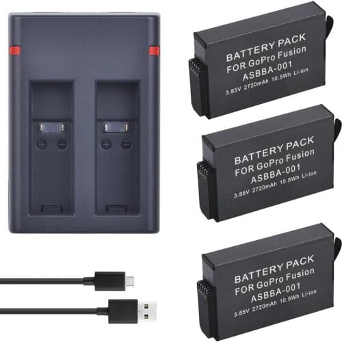 3Pc 2720mAh GoPro ASBBA-001 ASBBA 001 ASBBA001 Battery + Dual USB Charger for Gopro Fusion 360-Degree Action Camera